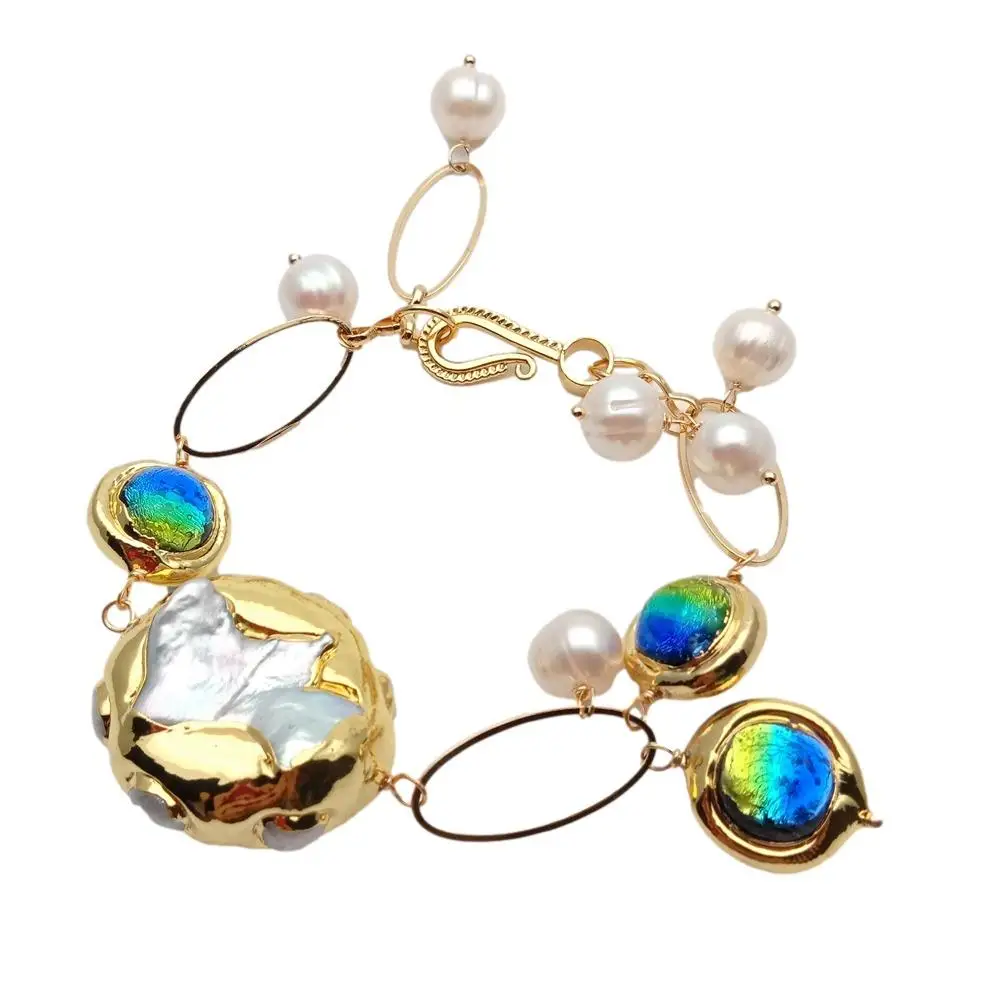 14m Blue Murano Glass White Keshi Pearl   gold plated chain Bracelet 8