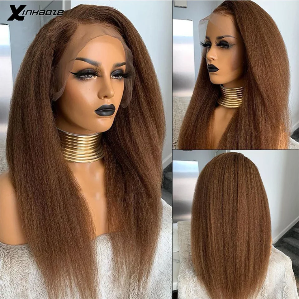 

Brown Kinky Straight Wigs 13x4 Lace Front Human Hair Wigs Remy Brazilian 150% Natural PrePlucked Yaki 4x4 Lace Closure Wigs