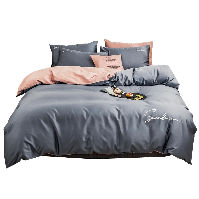 

2021 Four-piece bedding simple cotton double household bed sheet quilt cover embroidered piping comfortable bedding gray-pink