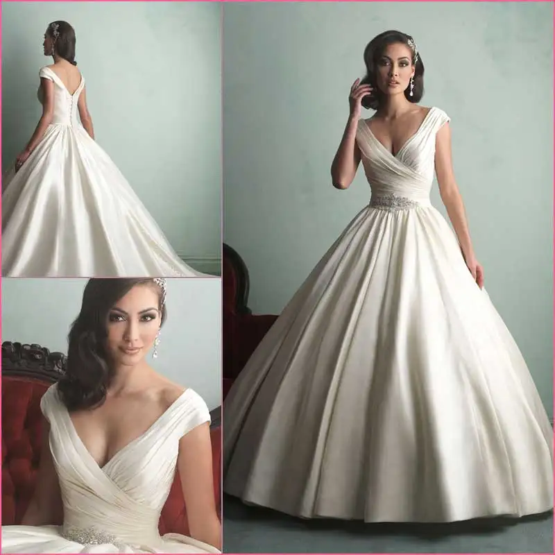 섹시한 v-목 캡 슬리브 빈티지 웨딩 드레스 볼 가운 신부 드레스 2015 vestido de noiva casamento button crystal sashes pleat