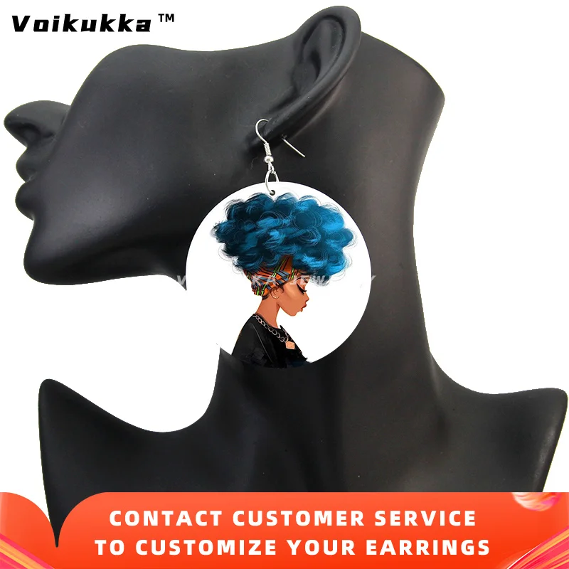Voikukka Jewelry 6 CM Circle African Women With Blue Hair Art Afro Girl Painting Wood Both Sides Printing Dangle Earrings