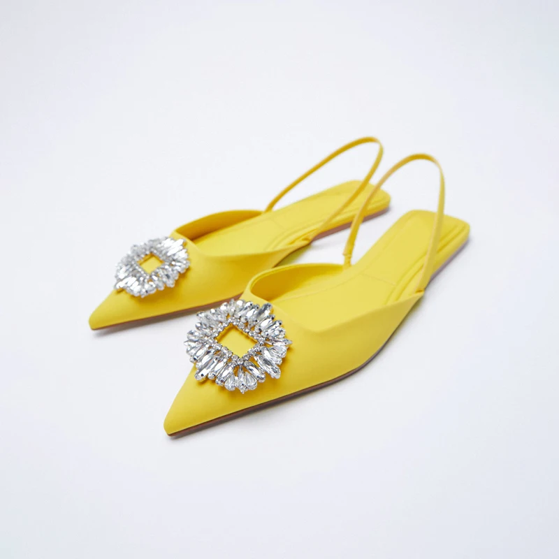 

2024 Summer Flats Sandals Women Pointed Toe Silk Crystal Back Strap Muller Sandals Diamond Yellow Sandalias Mujer Flat Shoes