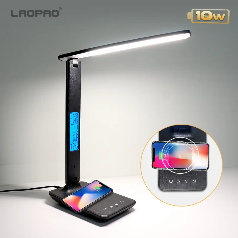 Hot QI Wireless Charging LED Desk Lamp 10W With Calendar Temperature Alarm Clock Eye Protect Reading Light Table Lamp LAOPAO