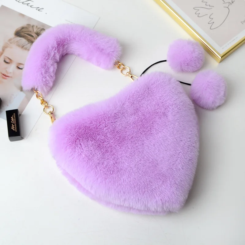 Color Fashion Faux Rex Rabbit Fur Peach Heart Bag Student Handbag Women Cosmetics Storage Pencil Case Girls Party Gift