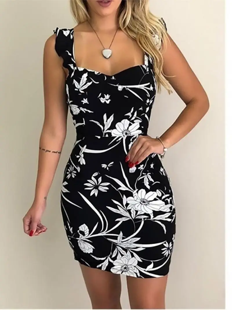 Women Sleeveless Shoulder Sexy Floral Mini Dress 2021 Summer New Arrival Sweet Print Mini Sundress