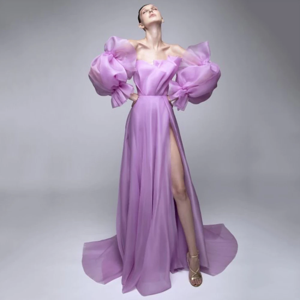 

Elegant Purple Ruched Strapless Evening Dress Long Puff Sleeves Split Organza Prom Party Gowns Robes De Soirée فساتين السهرة