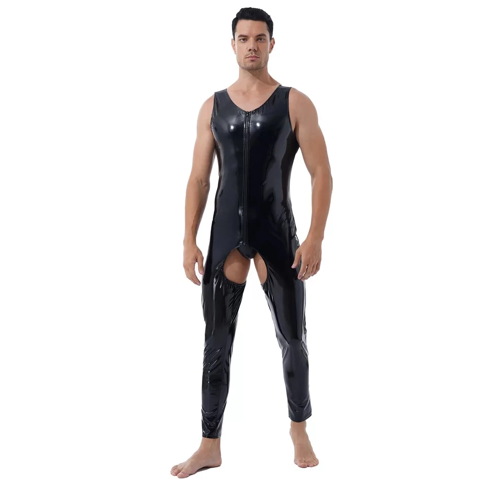 Combinaison en cuir PVC à entrejambe ouvert pour hommes, batterie en latex saillante, costume de tambour en cuir brillant, sans entrejambe, sexe