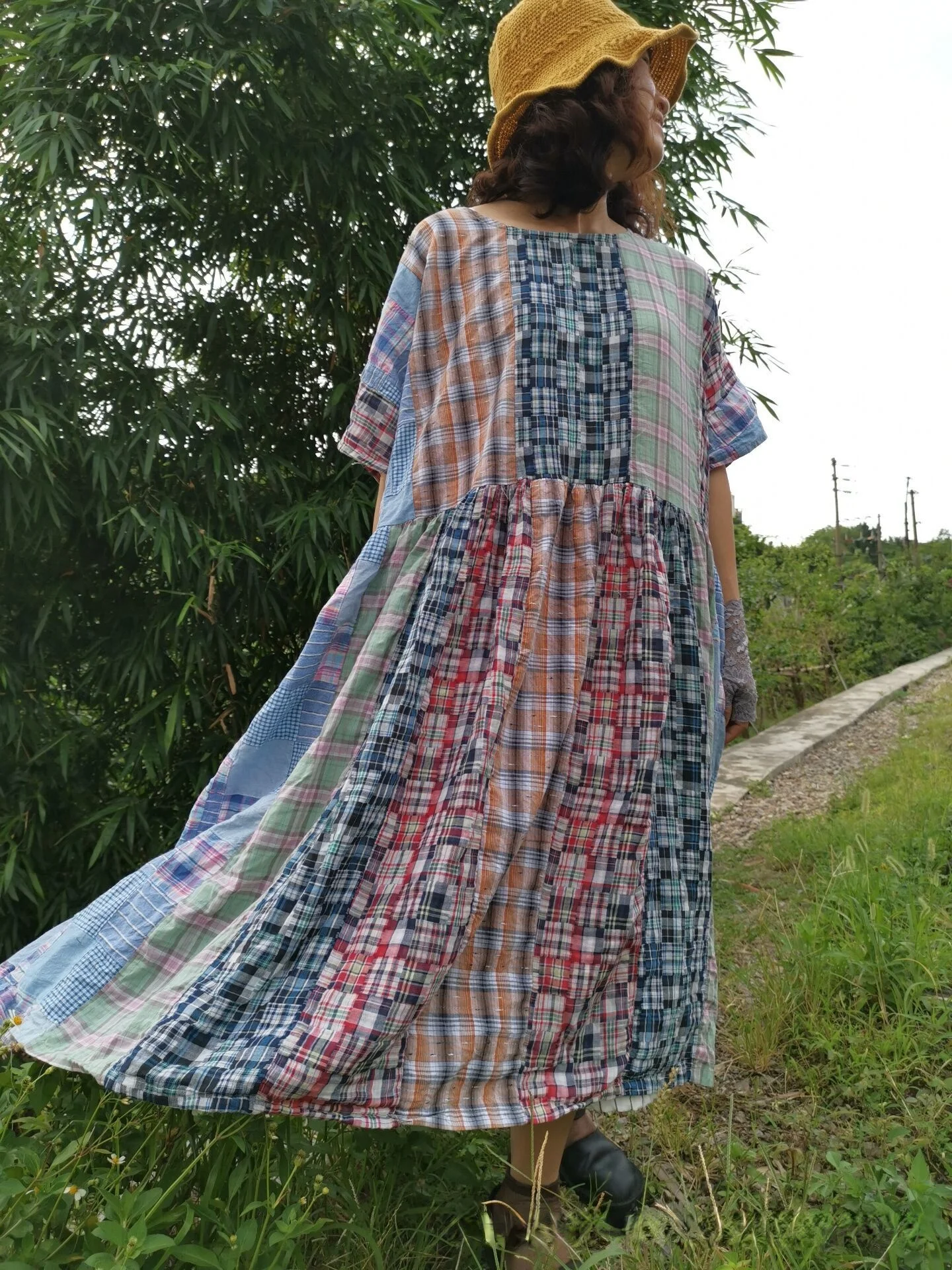 Original Casual Literary Loose Patchwork Plaid Long Dress Women Summer Clothes For Women Woman Clothing