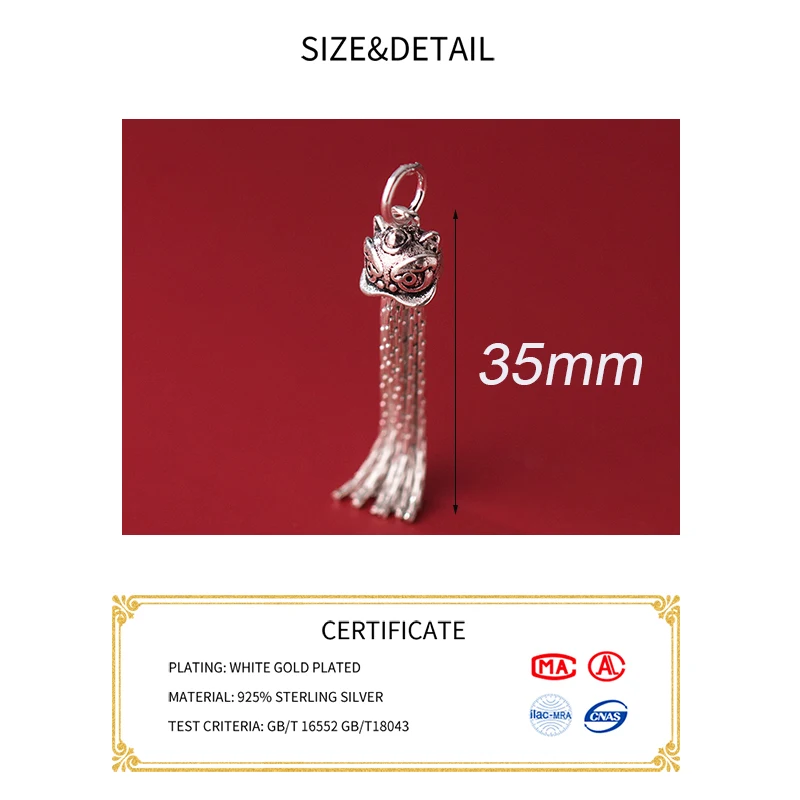 MEETSOFT Classic S925 Sterling Silver Pixiu mythical beast chain Tassel Charms of DIY Handmade Making Finding Jewelry Accessory