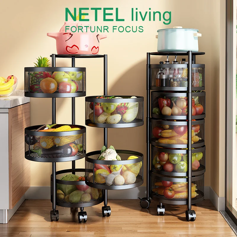 

NETEL Kitchen Storage Rack Rotating Basket Drawer Type Round Shape Rotatable Trolley Rolling Cart Floor Vegetables Fruit Rack