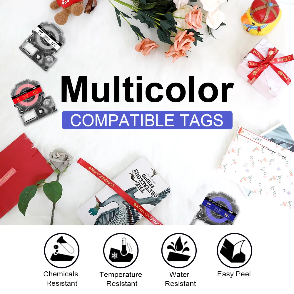 Satin Ribbon 12mm Label Maker Tape Compatible for Epson/Kingjim Label Printer LW400 Ribbon Labels for DIY Bouquet Gift Wedding