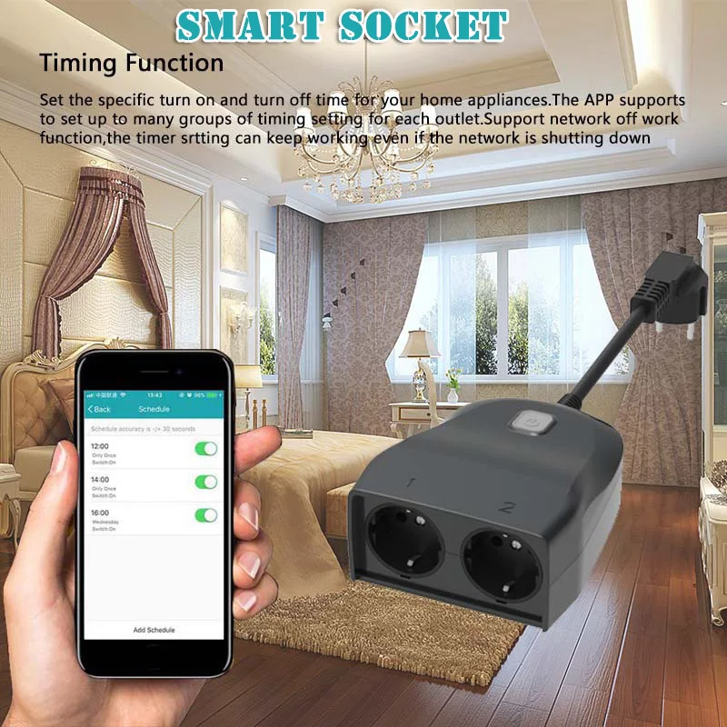 Outdoor Smart Plug Wi-Fi Outlet with 2 Sockets Wireless Remote Control/Timer by Smartphone IP44 Waterproof EU Power Plug