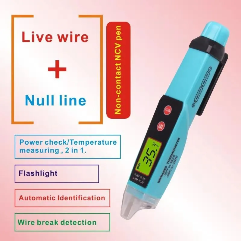 2 in 1 Non-contact AC Voltage Detector Tester Meter Infrared Thermometer Pen style Voltage Detector LCD Alarm Self-testing