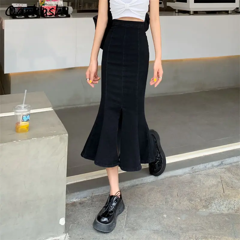 

Skirts Women Slim Split Denim Vintage Design Sexy Temperament Trumpet Korean Style Ladies Empire Fashionable College Summer Ins