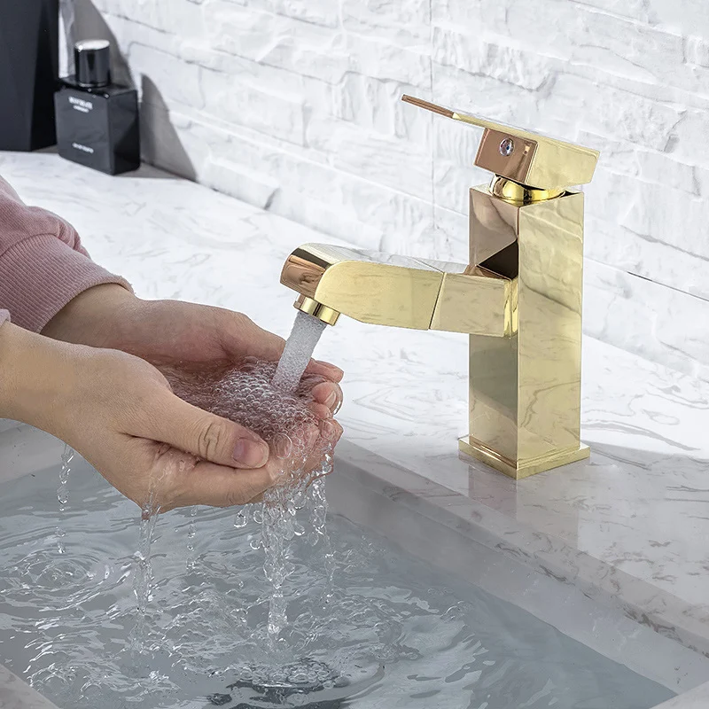 

Luxury gold Brass bathroom sink faucet Pull out basin mixer faucet cold hot water bathroom faucet Good Quality Faucet