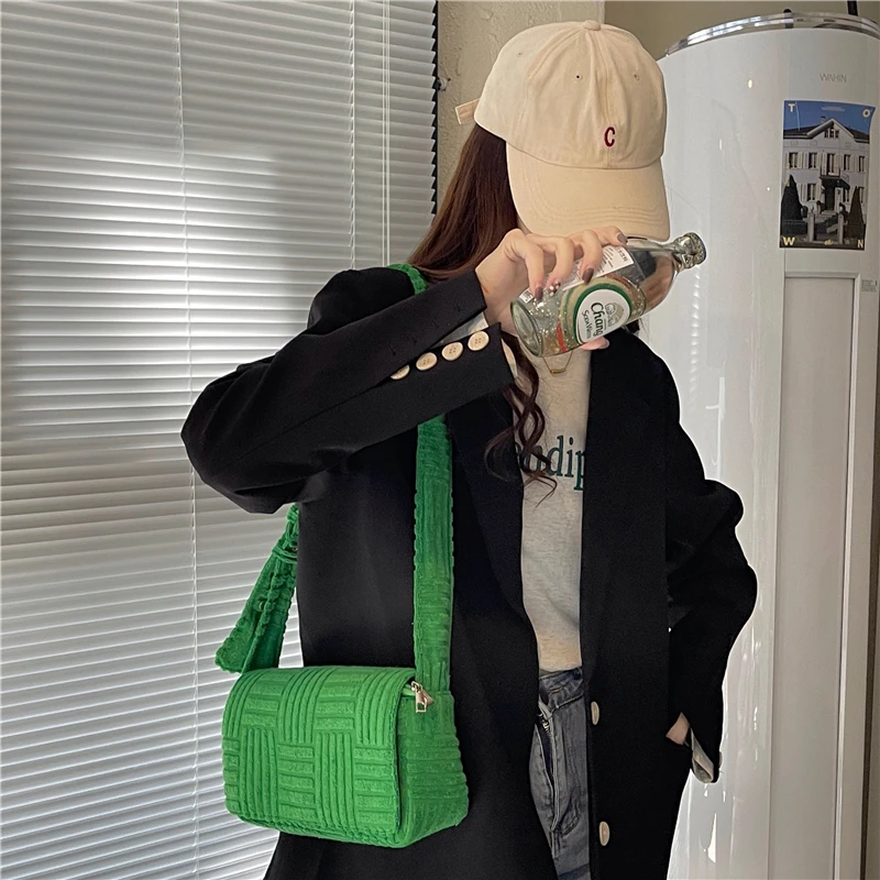 Green Towel Fabric Handbags and Purse Designer Women Crossbody Bag Fashion Pillow Bags for Women Shoulder Bag Ladies Tote Clutch