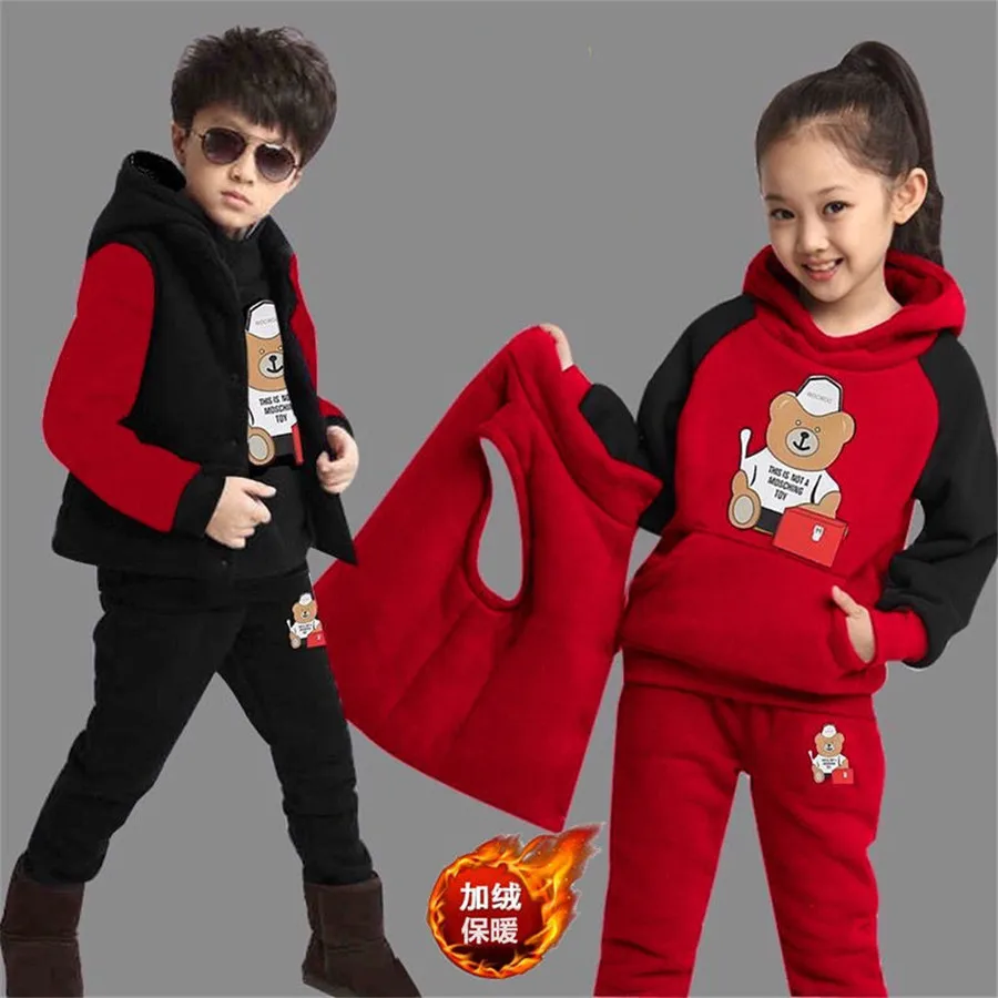 3pcs/set Sports Suit For Boys Children\'s Cotton Hooded Vest + T-shirts + Pants Teens Sportswear Kids Tracksuit Warm Clothing