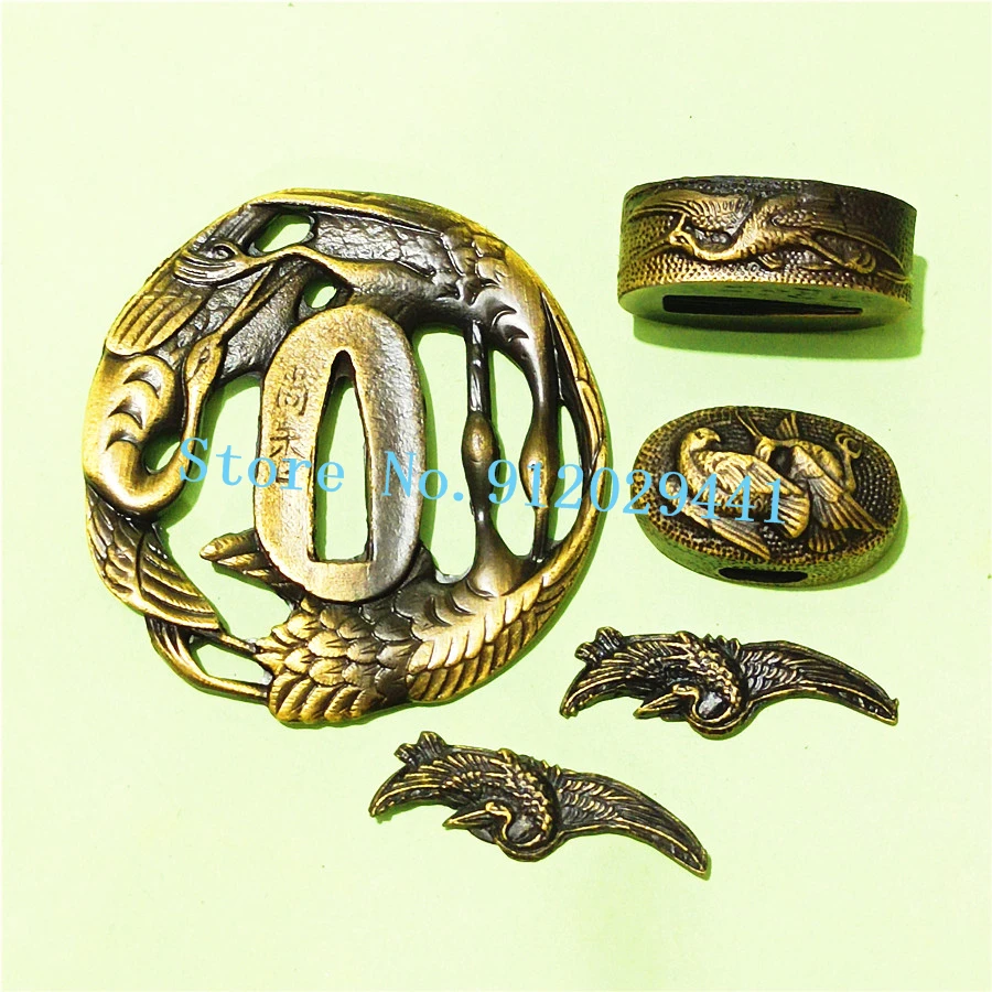 A Set Tsuba Japanese Sword Guard for Katana/Wakizashi Fittings Alloy Tsuba+Menuki+Fuchi+Kashira Handle Accessories