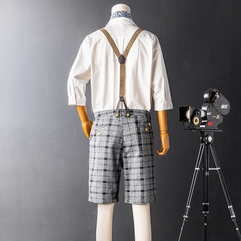 

Summer Vintage Mens Plaid Bib Overalls Casual Knee Length Straight Shorts Plus Size 38 Streetwear Bermuda Shorts Trousers Male