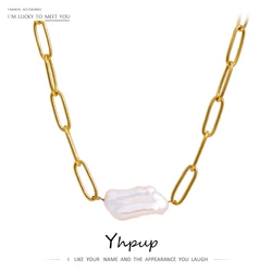 Yhpup Stainless Steel Natural Pearl Pendant Necklace Metal Chain High Quality Jewelry Gold Color Collar for Women Girls Gift