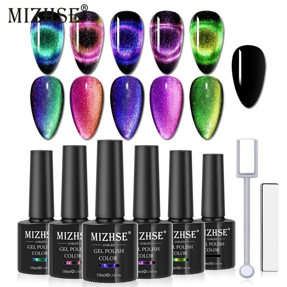 

MIZHSE 9D Cat Eye Gel Nail Polish Chameleon Magnetic Gel 10ml Soak Off UV LED with 2 Magnet Stick 6PCS Gel Nail Polish Set