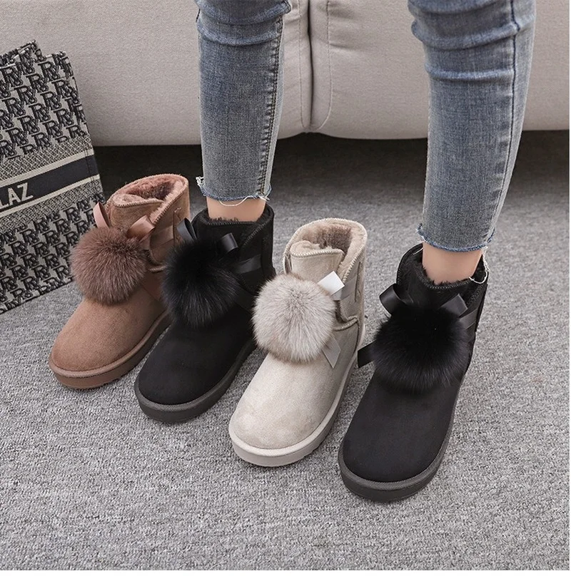 Women Winter Ankle Boots Suede Leather Fur Ball Snow Boots Plush Natural Fur Keep Warm Slip-on Shoes Flats Booties Woman