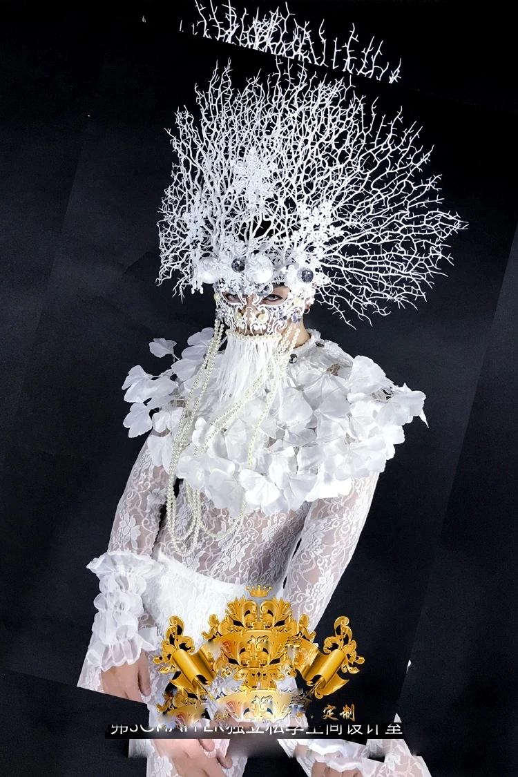 Sexy men stage dance LED lights White Branch headdress dance wear Christmas Valentine\'s day party performance show costume