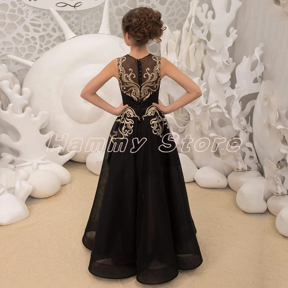 Vestido De Menina Flor Com Applique De Ouro, Mangas O-Pescoço, Até O Chão, A Linha Vestidos De Festa, Vestidos Pageant, Preto, Tamanho Personalizado