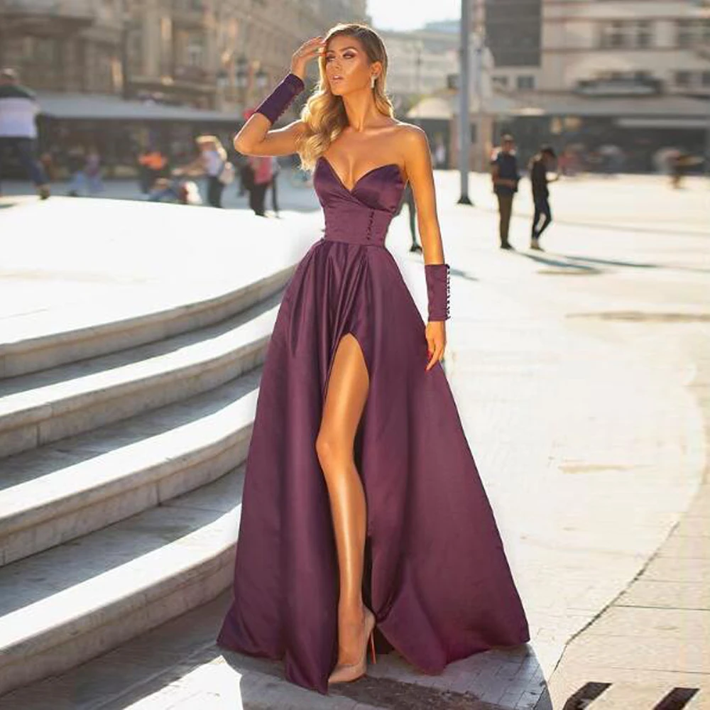 Sexy Strapless Prom Party Evening Dresses Vestido De Noiva Sereia Side Slit Robe De Soiree Vestido Novia Playa Formal Button