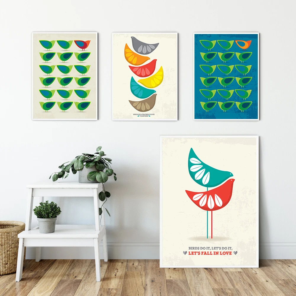 Geometrische abstrakte inspirierte Vögel, Illustration, Leinwandgemälde, mehrfarbige Tiere, Wandbilder für Wohnzimmer, Heimdekoration