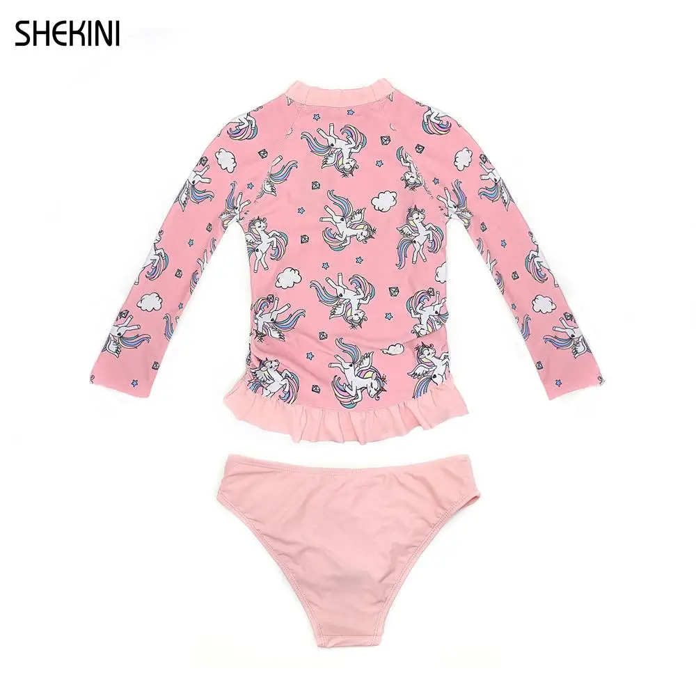 SHEKINI Girl's Ruffle Trim Ruched Top UPF50+ Long Sleeve Teen Bathing Suit Rash Guard Two Piece Swimsuits Teenage Girls Bikini