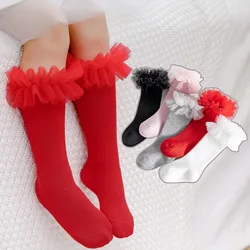 Chaussettes hautes pour bébés filles, automne, hiver, pour tout-petits, en coton doux, gonflées, en maille, dentelle, fleur, tube, pour enfants