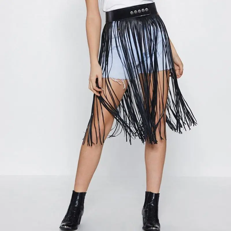 Womens High Waist Faux Leather Fringe Tassels Skirt with Buttons Halloween Party Punk Rock Clubwear