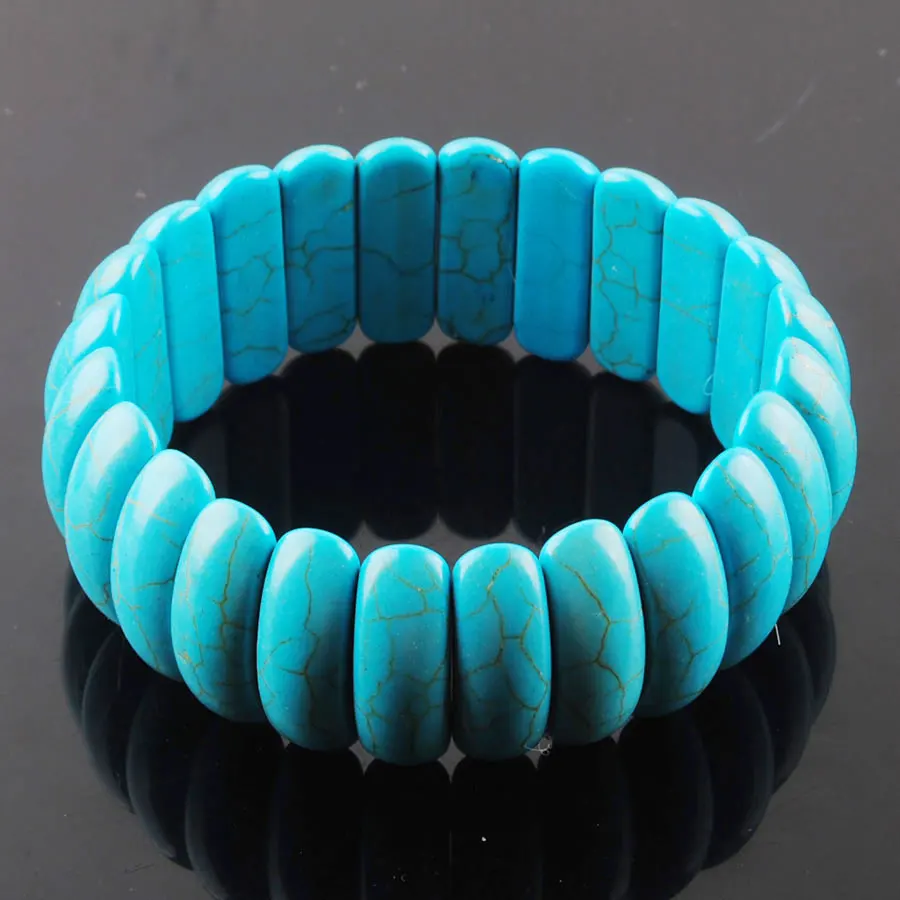 WOJIAER Blue Turquoise Stone Bangle Bead Bracelet Stretch 7 Inches K1478