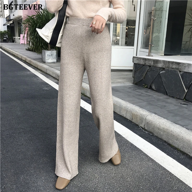 BGTEEVER Autumn Winter Women Thick pant Loose Elastic Waist Straight Leg Knitted Long Pant 2021 Ladies Casual Sweater Trouser