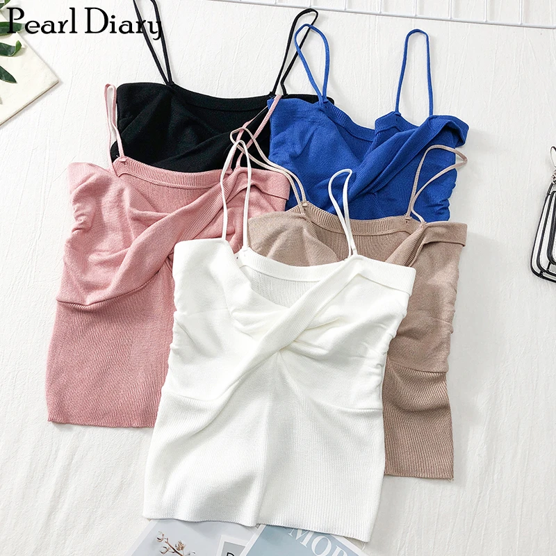 Pearl Diary Women Knitted Wrap Front Cami Top Spaghetti Strap Soft Knit Wrap Front Sexy Strappy Crop Top Solid Color Casual Top