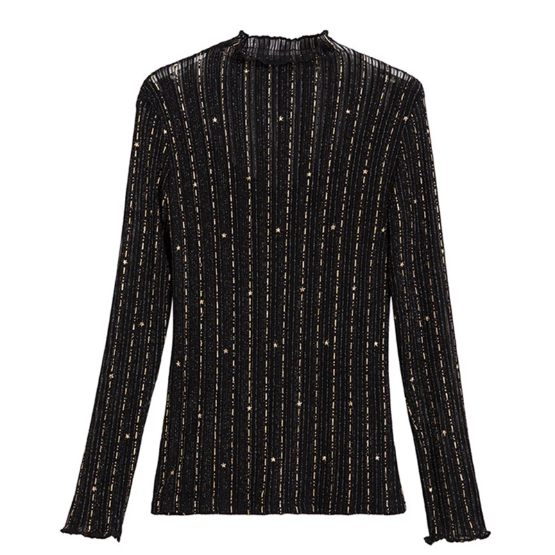 Spring Long Sleeved Turtleneck Mesh Tops Fashion Casual Striped Bright Silk Black Women\'s T-Shirt M-3XL Clothes