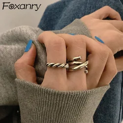 Foxanry Minimalist Silver Color Party Rings for Women New Fashion Creative Multilayer Geometric Thai Silver Jewelry Gifts