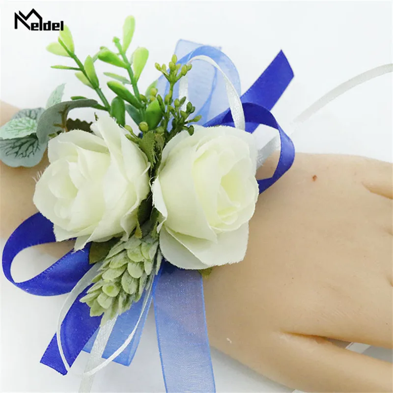 Rosas brancas Blue Ribbon Pulso Corsage, Boutonnieres casamento, Tulipa Pulseira, Noivo Homem Terno, Buttonhole Broche Pins Casamento