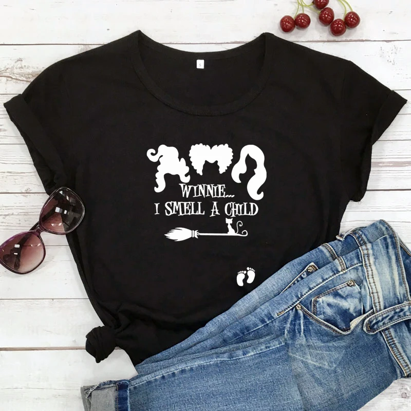 Autumn Short Sleeve Halloween Party Gift Tshirt camiseta Winnie I Smell A Child T-shirt Funny Women Graphic Witches Tee Top