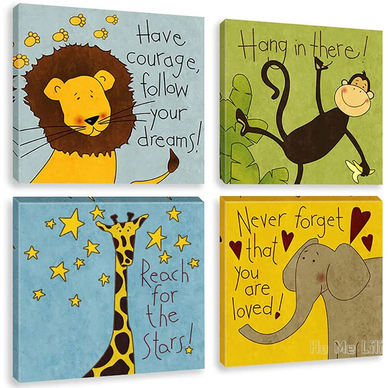 Jungle Animals Wall Art Canvas Print Inspirational Quotes Safari Painting Pictures For Nursery Toddler Kids Room Decor