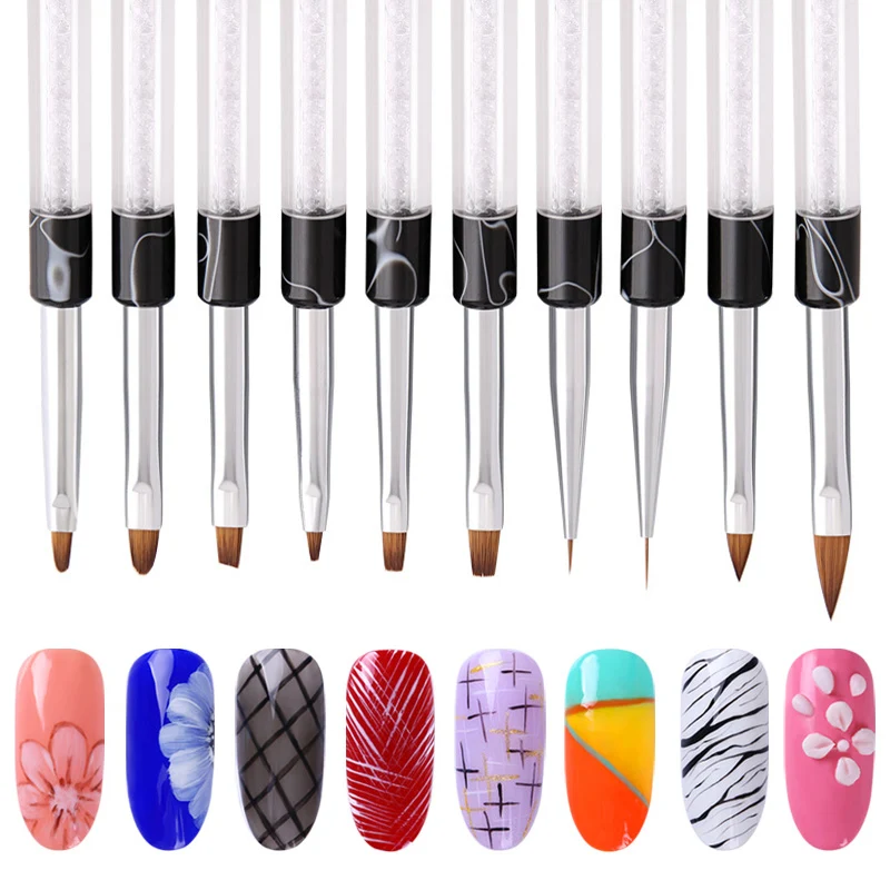 Eval 10 Pcs/Set Nail Art Rhinestone Handle Brush French Stripe Lines Pattern Acrylic UV Gel Extension Painting Pen Manicure Tool