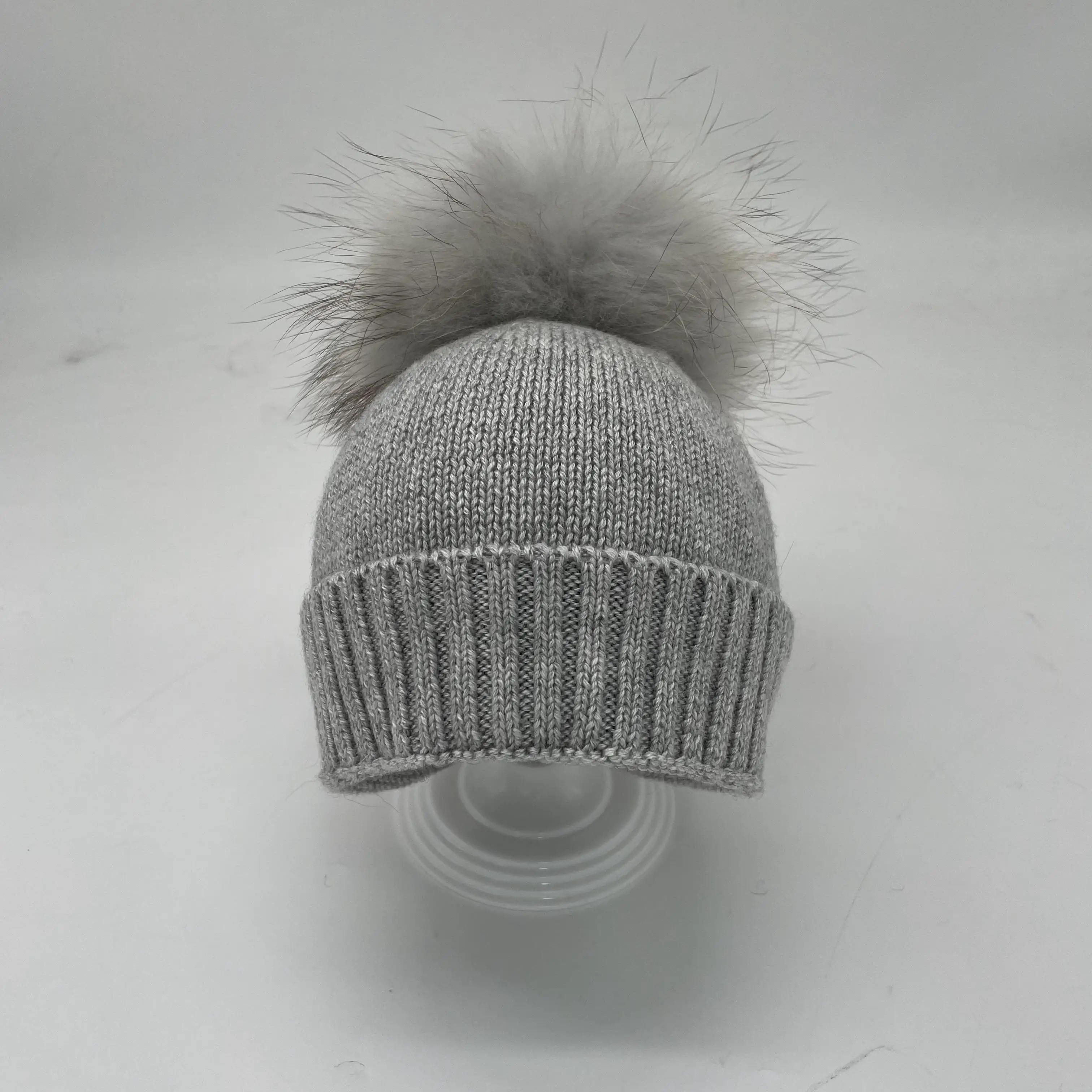 High Quality Cute Pompom Knitted Baby Beanie Hats Pom Thick Warm Genuine Rabbit Wool Kids Baby