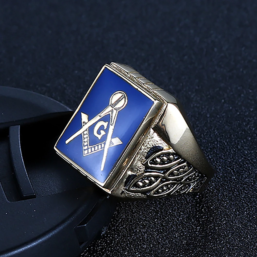 Stainless Steel Punk Rock Gold Freemasonry Masonic Men Rings Jewelry Blue Enamel Brother Ring Masonic Gift For Him Size 8-15