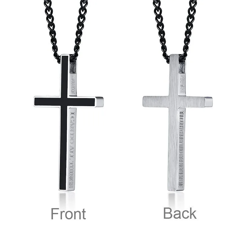 Men\'s Stainless Steel Cross Collar Pendant Religious Inspirational Quotes I Can Do All Things Men Choker Necklace