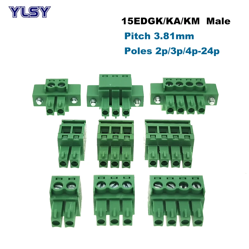 10Pcs Pitch 3.81mm Male Pluggable PCB Screw Terminal Block Connector 15EDGK/KA/KM Bornier 2/3/4/5/6/7/8/9/10P Morsettiera