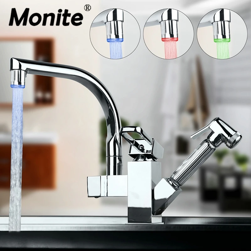 Monite Swivel Kitchen LED Light Mixer Tap Single Holder Kitchen Faucet Polished Chromed Pull Out Hand Spray Mixers Tap