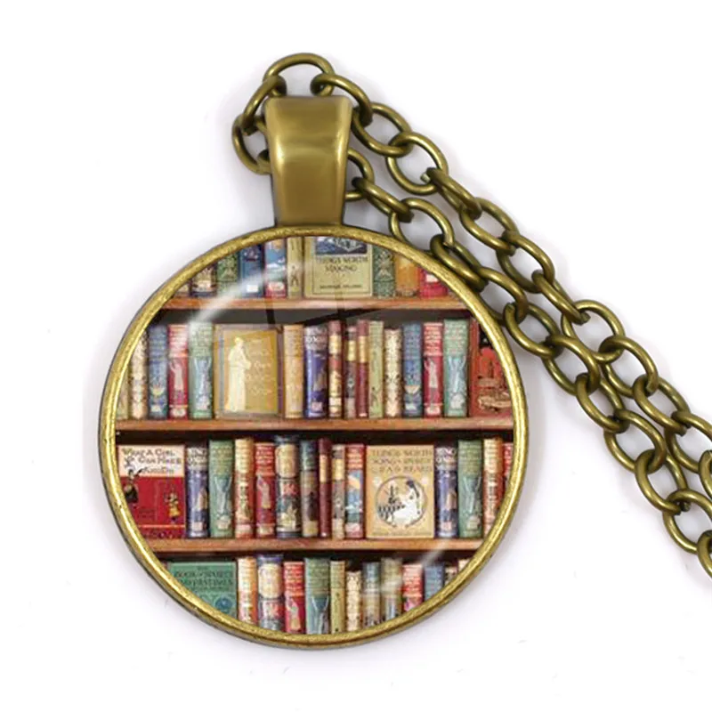 Hot Old Book Necklace Vintage Library Art Pattern Glass Cabochon Pendant Badge Statement Necklace Nerd Reader Bookworm Gifts