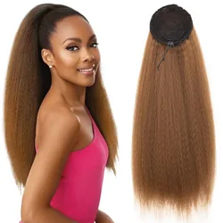 MyDiva 24 inch Kinky Straight Synthetic Heat Resistant Hair Puff Ponytail Extensions Perm Yaki Drawstring Ponytails Elastic Band