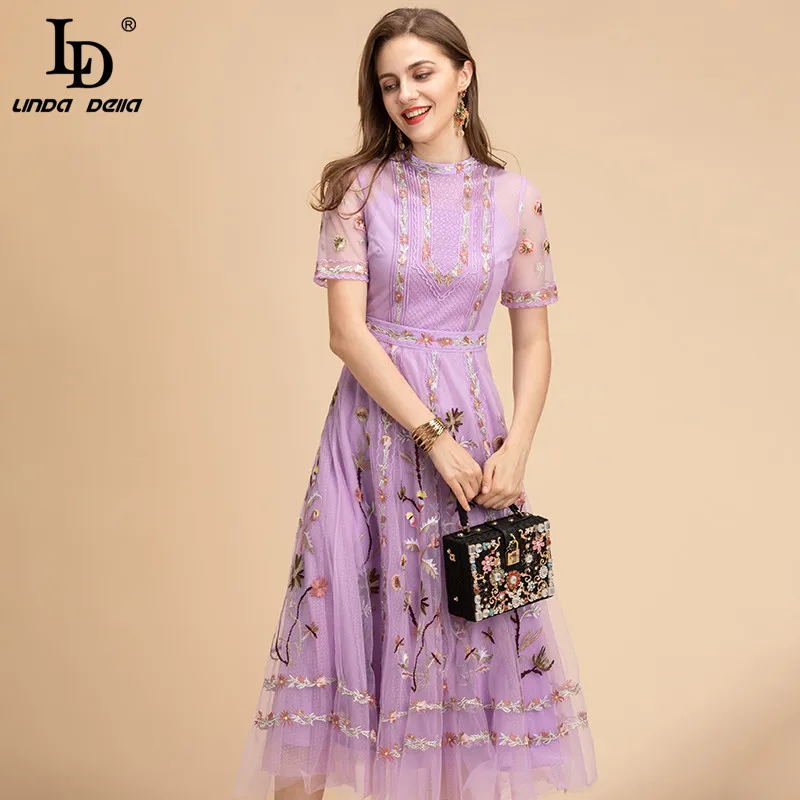 LD LINDA DELLA Fashion Designer Summer Mesh Midi Dress Women Short sleeve Lace Flowers Embroidery A Line Vintage Party Dresses